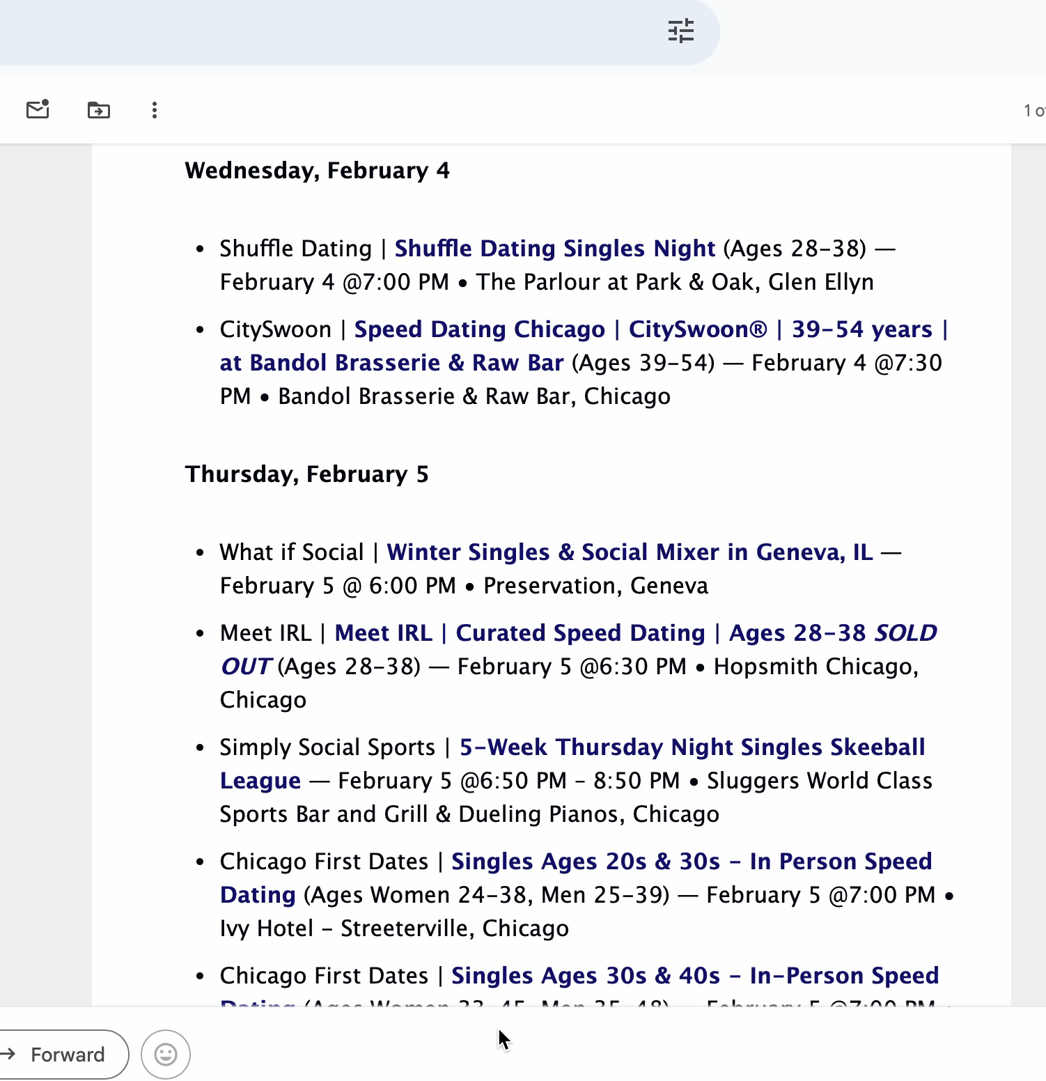Preview of a WheresYourBoo newsletter showing event listings