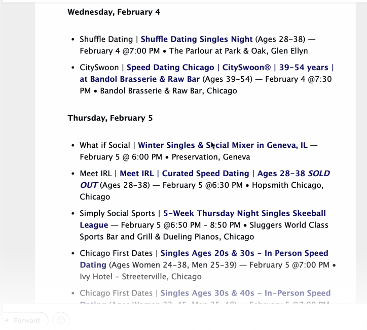 Example Chicago singles events listing