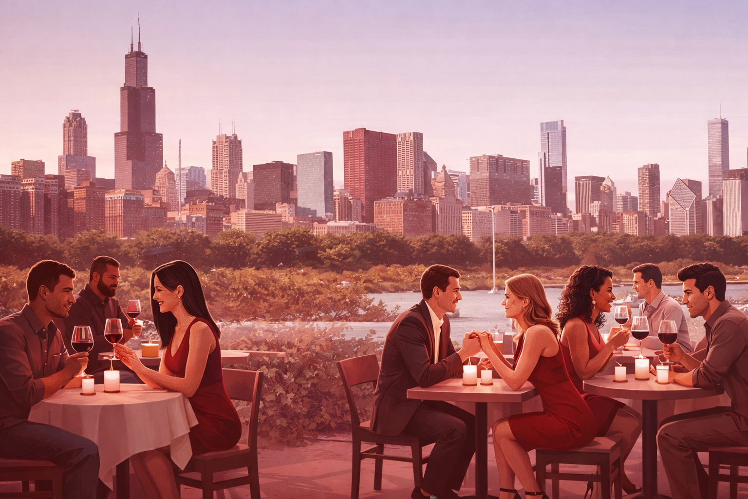 Speed dating event in Chicago with skyline backdrop